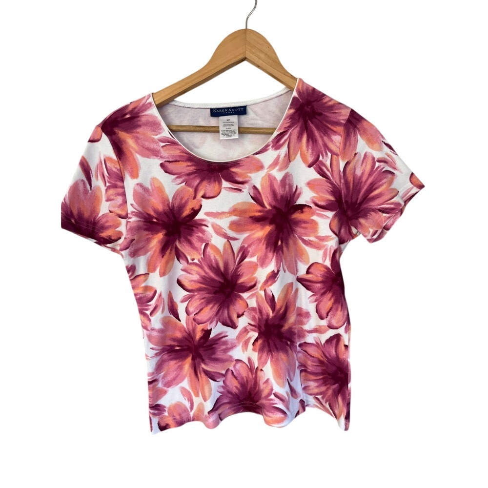 Karen Scott Petites Womens Pink Floral Cotton Short Sleeve Scoop Neck Top S/P